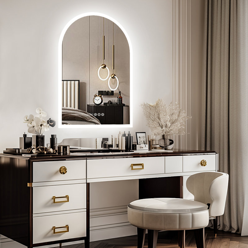 Beveled LED Backlit Bathroom Mirror with Lights, Date & Time Display,  Anti-fog, Dimmable, Memory Function, Shatterproof IP56